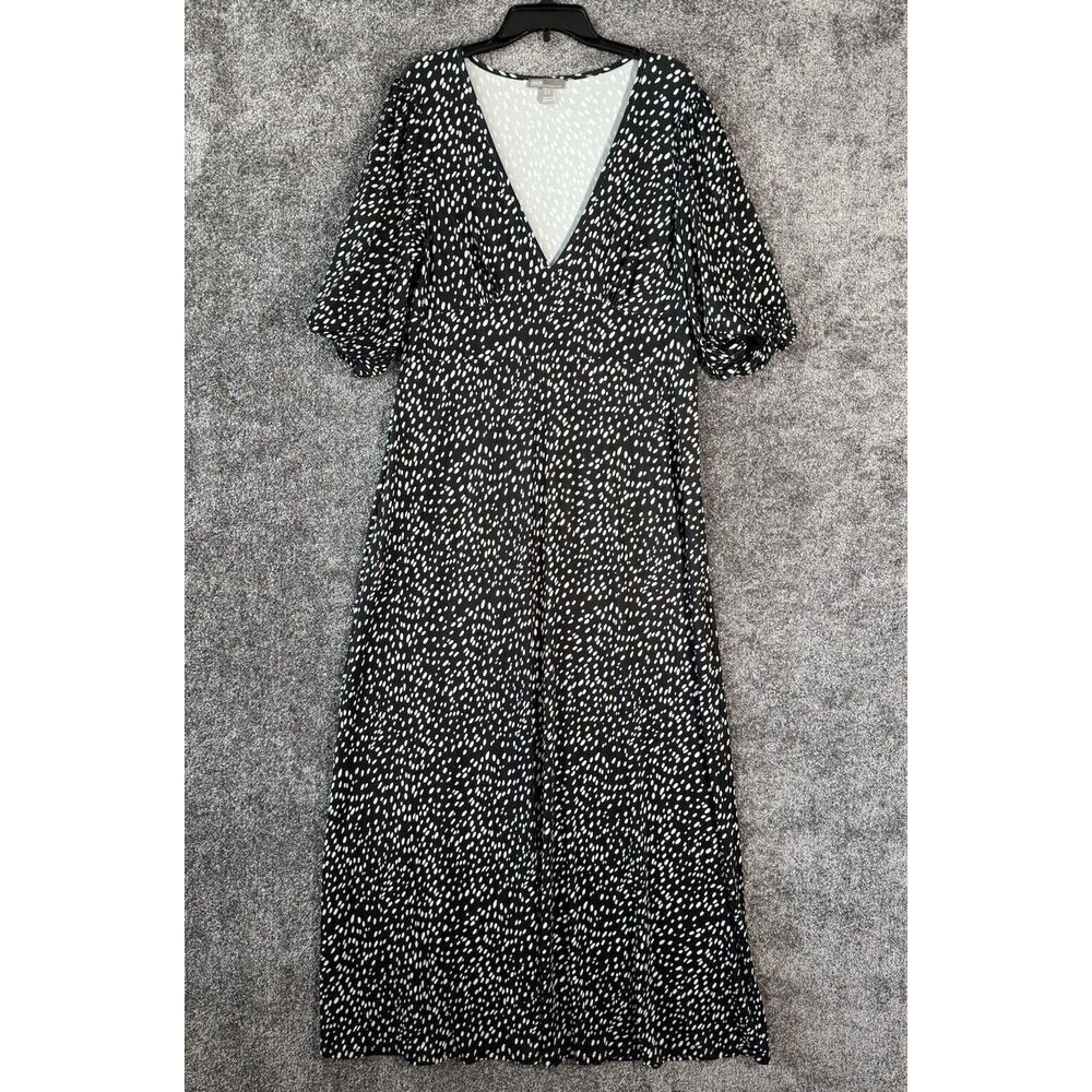 Asos Polka Dot Slinky Maxi Dress Womens 14 Black Tea Puff Sleeve Peasant